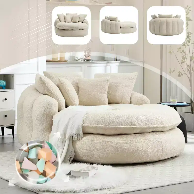 Oversized Oval Chenille Bean Bag Sofa with 3 Large and 2 Small Pillows and Wrap Around Backrest for Adults