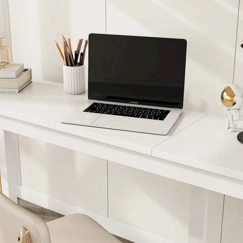 White Twin Wood Loft Bed with Desk, Storage & Guardrails
