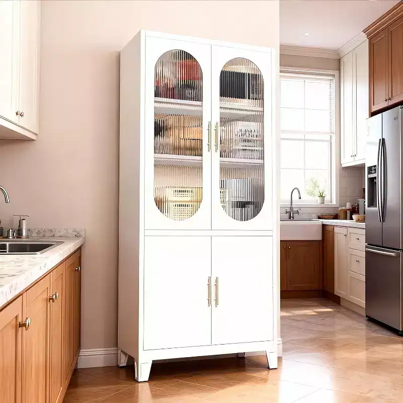 Fluted Glass Door Storage Cabinet, White Storage Cabinet with 2 Glass Doors and Adjustable Shelves, Modern Sideboard for Living, Dining Room, Entryway