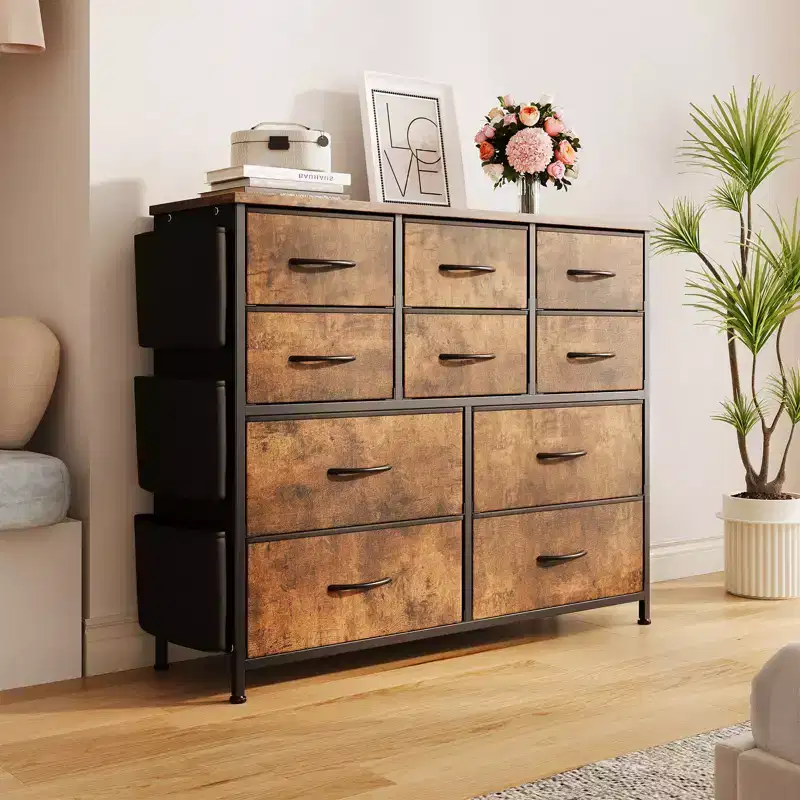 Rustic Brown 10-Drawer Fabric Dresser, Black Metal Frame