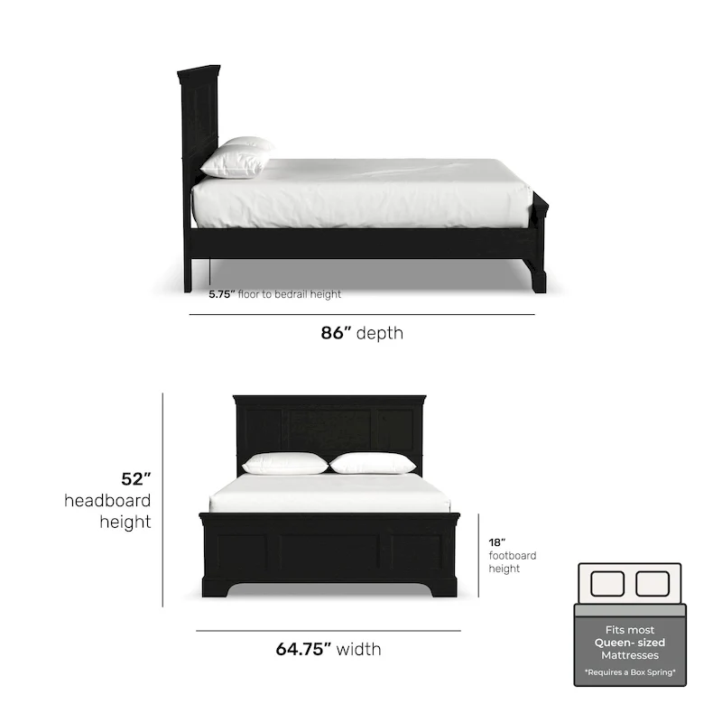 Queen Bed Frame in Black Finish, Hardwood and Engineered Wood, Box Spring Required