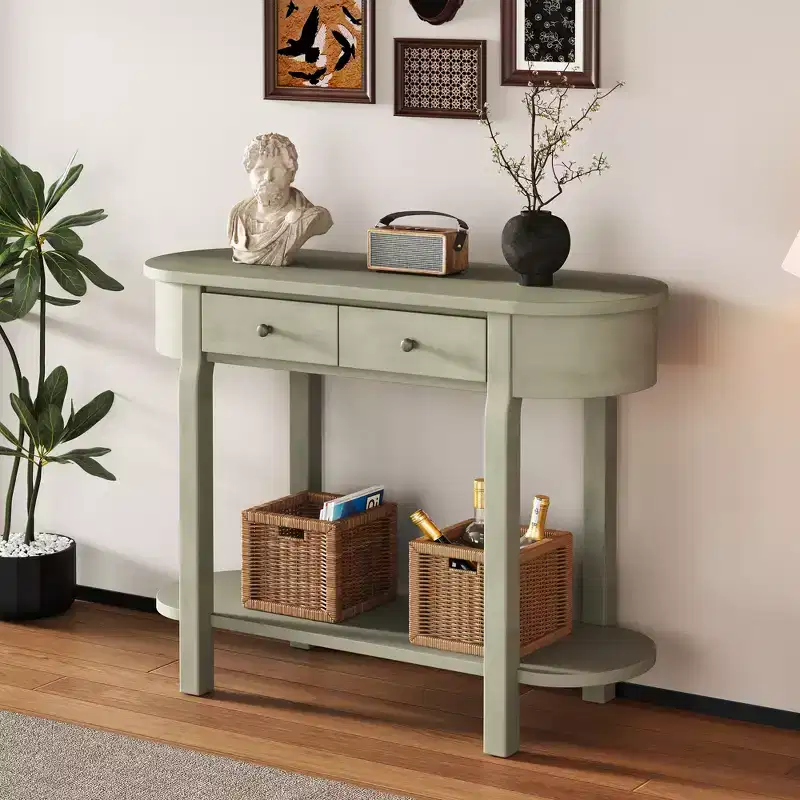 MAYEERTY Retro Console Table with Curved Design and Smooth Glaze for Entryways Living Room Hallways Turquoise Gray