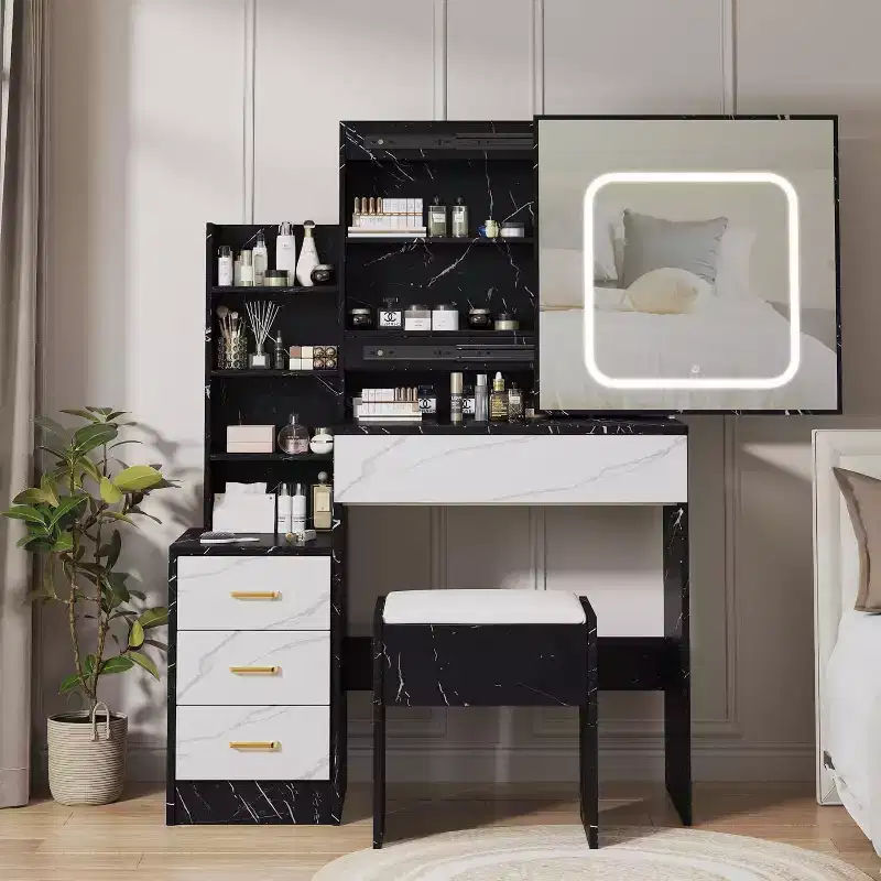 Vanity Desk with LED Sliding Mirror, 4 Drawers, Storage Shelves, Power Outlet, and StoolMakeup Dressing Table for Bedroom, 3 Color Lights