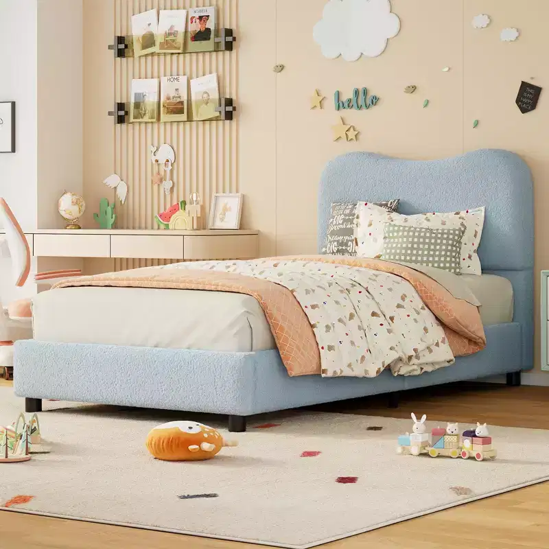 Fabric bed frame with upholstered headboard, soft and sturdy, rounded corner design, durable, wooden slats, no noise, no box spring mattress required