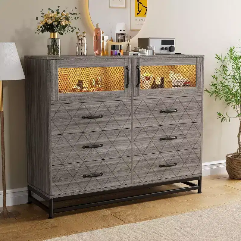 6 Drawer Dresser with 2 Door Cabinet, Tall Organizer Chest with Power Station, Modern Storage for Bedroom, Living Room, Hallway, Closet