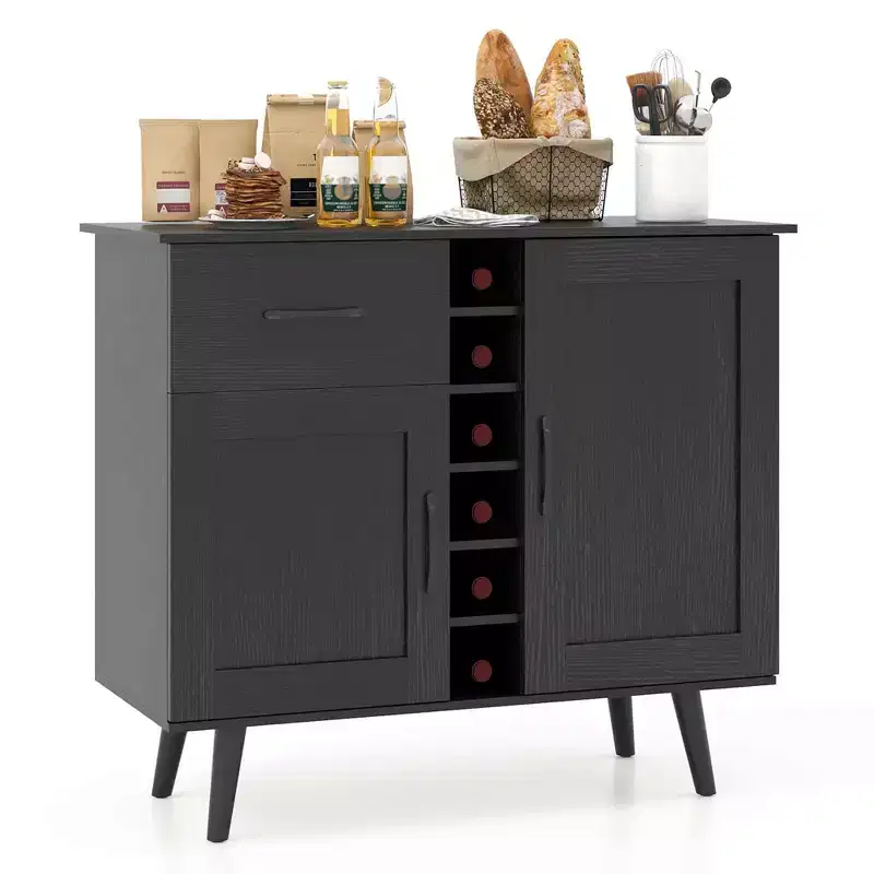 2-Door Wine Bar Cabinet Kitchen Sideboard Buffet with Drawer & Adjustable Shelves Black/Natural