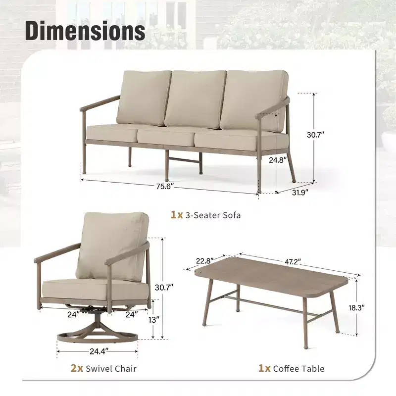 Captiva Designs 4PC Windsor Style Patio Outdoor Sofa Conversation Set with Swivel Chairs for Deck Lawn Backyard
