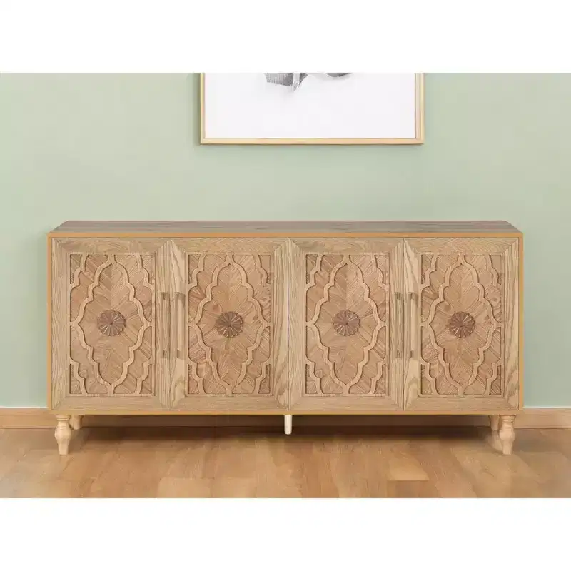 HomeRoots 68 Natural Distressed Carved Geometric Sideboard with Four Doors