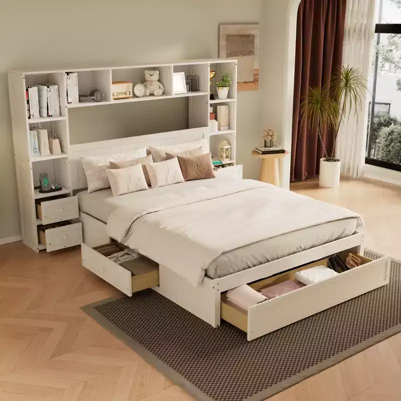Full Size Pine Wood Platform Bed with Nightstands, Bookcase and Drawers – 90.8