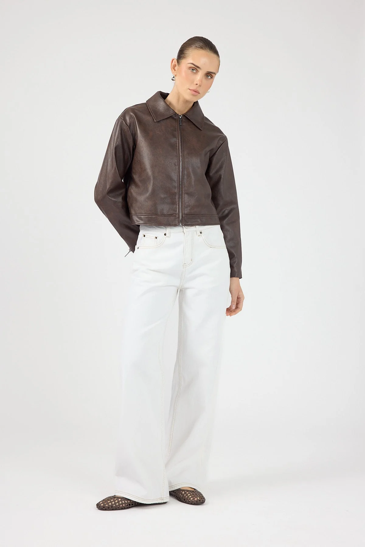 Faux Leather Zip Up Jacket Dark Brown
