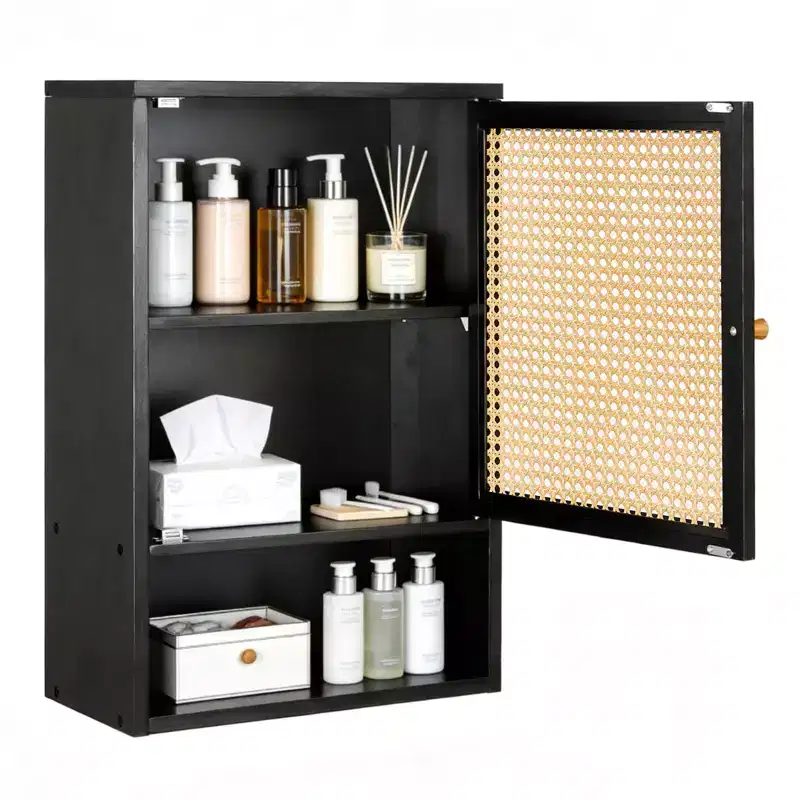 Wall Mounted Bamboo Bathroom Cabinet with Rattan Doors, Adjustable Shelf Medicine Cabinet and Space-Saving Organizer, Natural Wood/Black/White