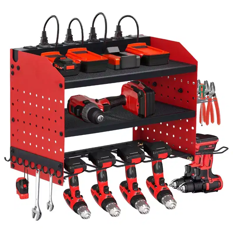 Power Tool Organizer,Drill Holder Wall Mount with Charging Station,Heavy Duty 3/4-Layer Power Pool Storage ,4 Drill Shelf with Hooks