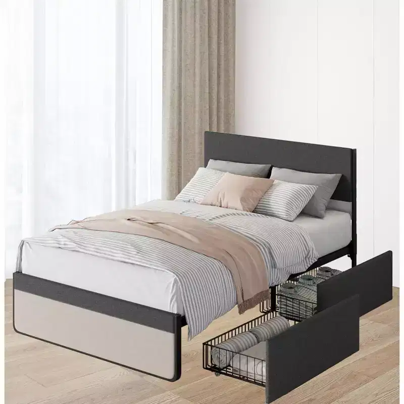 Modern Simple Platform Bed with Linen Upholstered Headboard and Footboard, Sturdy Steel Slat Bed Frame Mattress Foundation