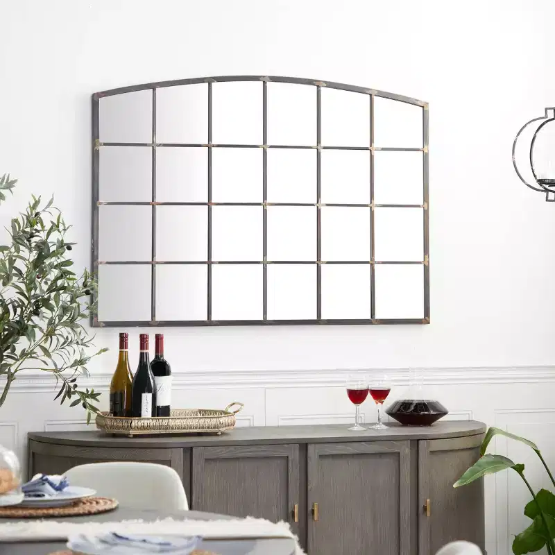 Metal Window Pane Inspired Wall Mirror with Arched Top