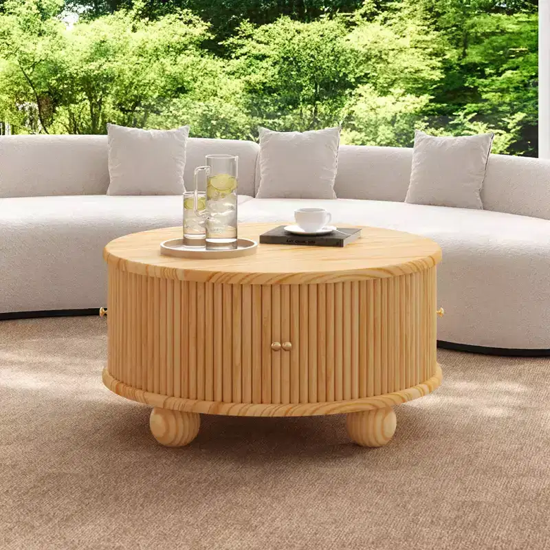31.8 Modern Coffee Table, Round Fluted Center Table with Storage, Wooden Cocktail End Table for Living Room Bedroom Office