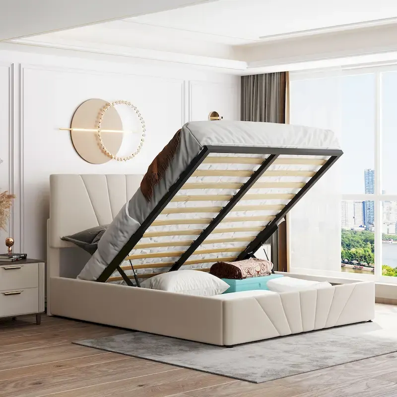 Upholstered Platform Bed with Hydraulic Under-Mattress Storage, Linen Fabric, 24 Wood Slats