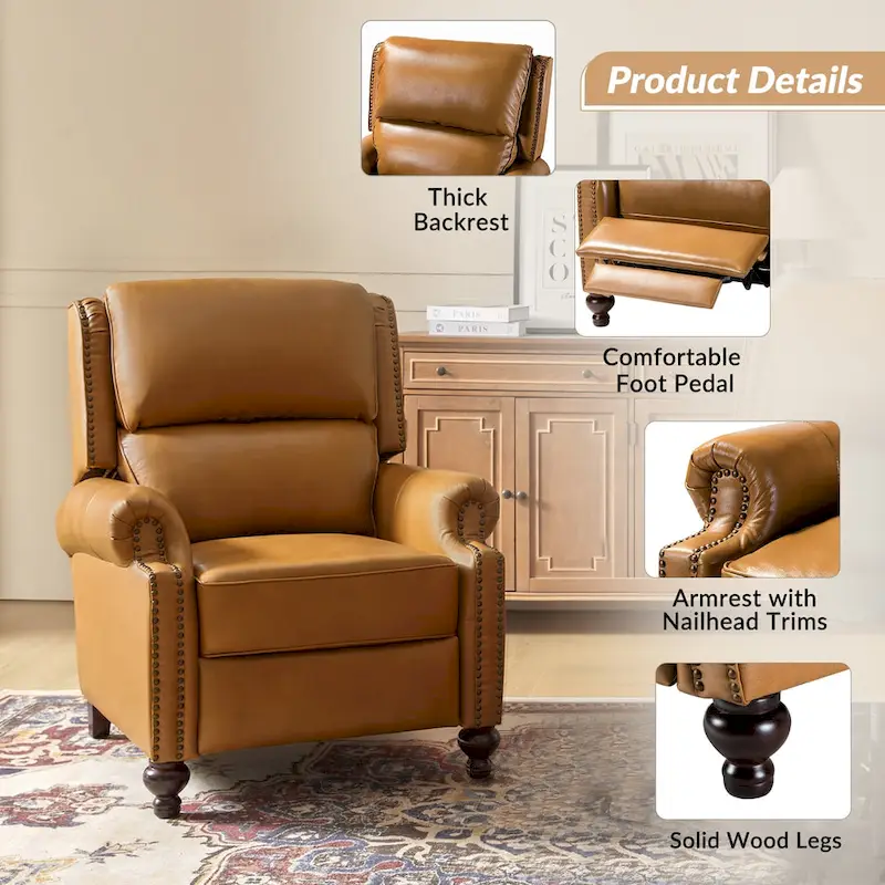 Gabriela Mid-Century Modern Genuine Leather Recliner with Tapered Block Feet by HULALA HOME