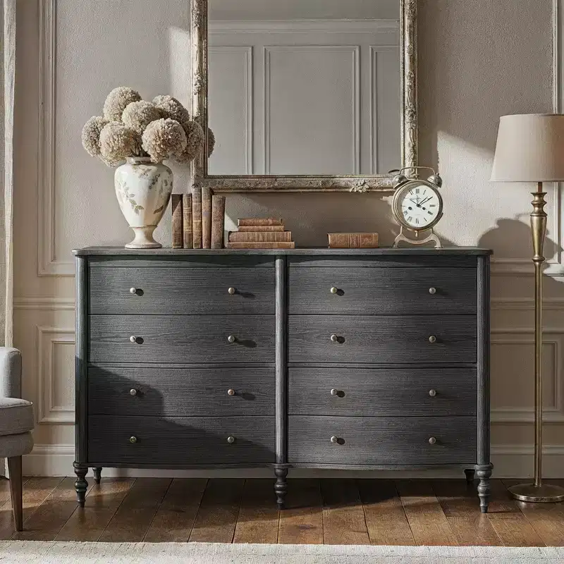 Black/Light Oak Curved-Front Vintage Dresser with 8 Drawers, Luxury Bedroom Storage Dresser with Bronze Knobs