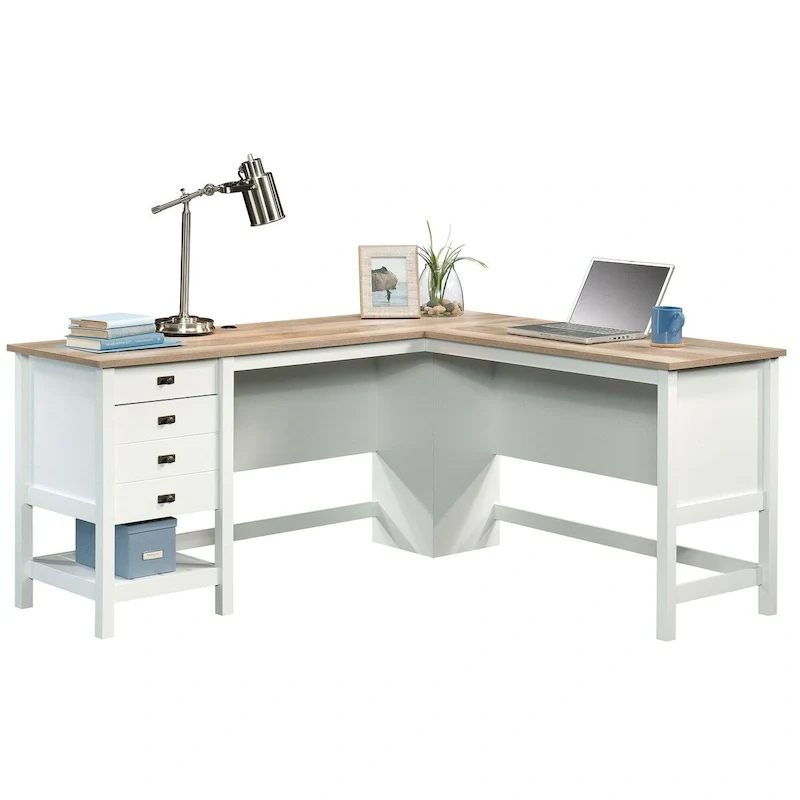 Farmhouse L-Shaped Desk with 2 Drawers | File Storage | Open Shelf | Cord Grommets | 4 Color Options