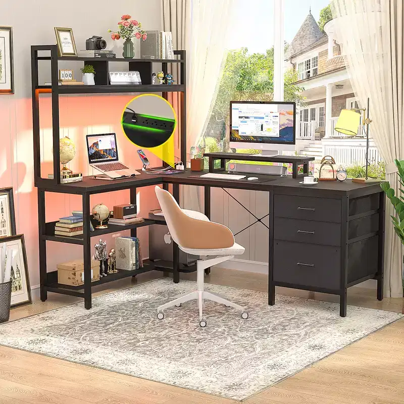 Besiost L Shaped Computer Desk with Hutch, Power Outlets, LED Lights & Storage Drawers