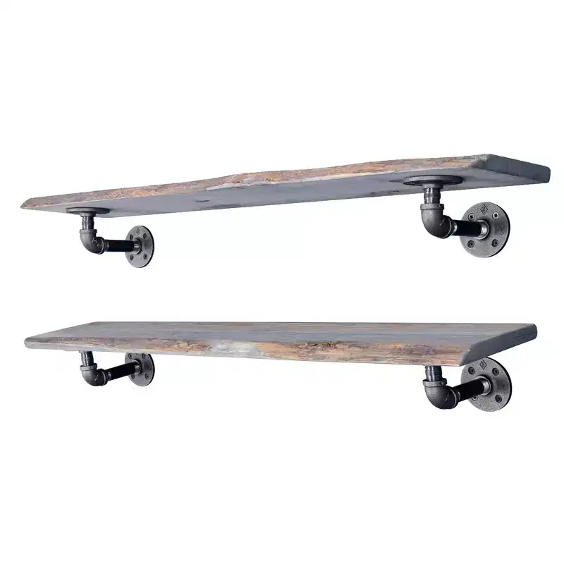 36 Riverstone Grey Live Edge Wood Shelf with L-Shaped Pipe Brackets (2-Pack)