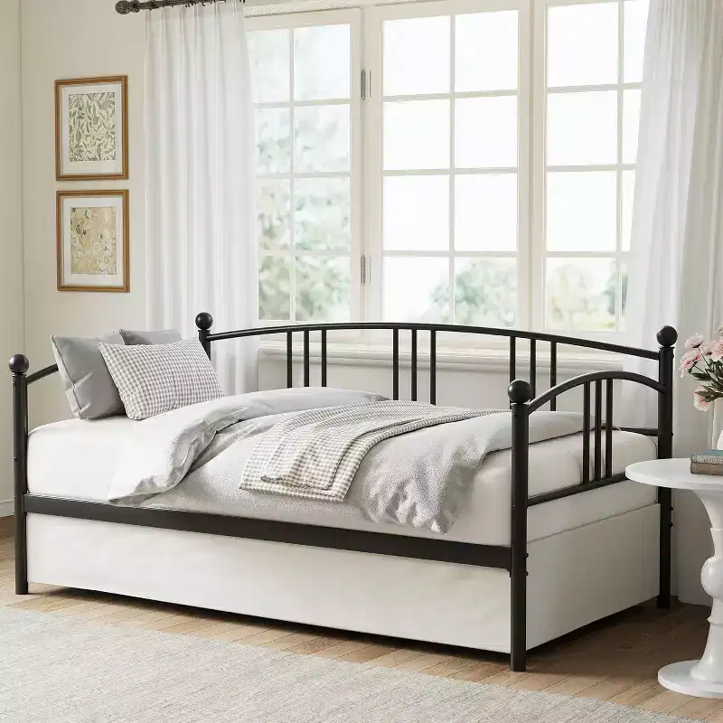 Twin Metal Daybed with Arched Headboard, Storage Drawer, Steel Slats, No Box Spring, Easy Assembly, Black
