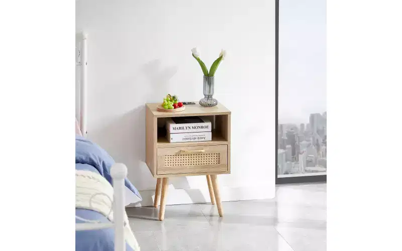 15.75-inch Rattan End Table with Power Outlet & USB Ports, Drawer & Solid Wood Legs for Living Room & Bedroom, Natural