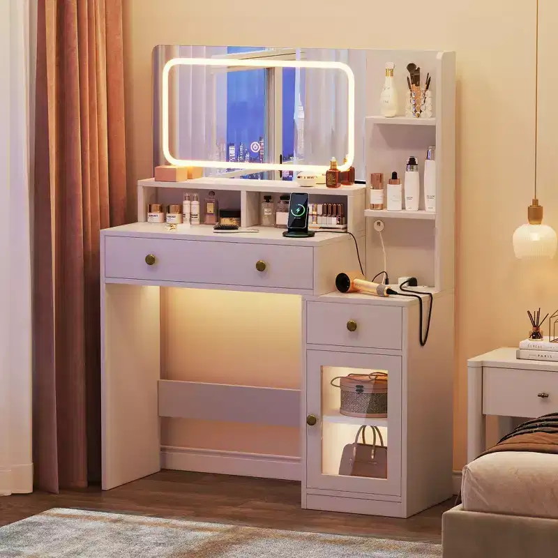 Modern White Makeup Vanity Desk with LED Lighted Mirror Charging Station 2 Outlets USB Type C 2 Drawers 3 Shelves Acrylic Cabinet Bedroom Vanity Set
