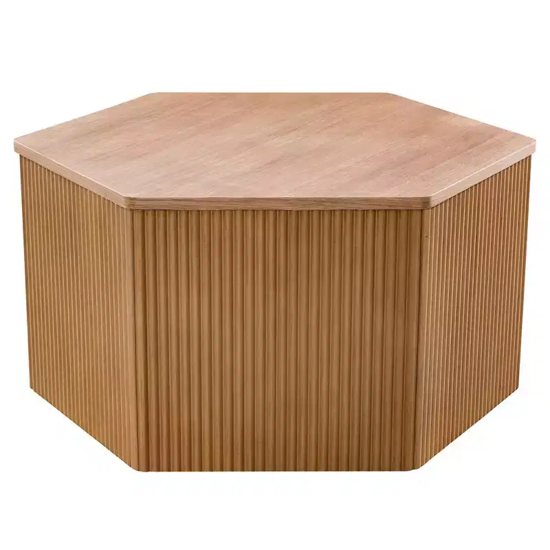 Ink+Ivy Honey Fluted Hexagon Coffee Table Contemporary Living Room Pedestal with Storage, Adjustable Feet