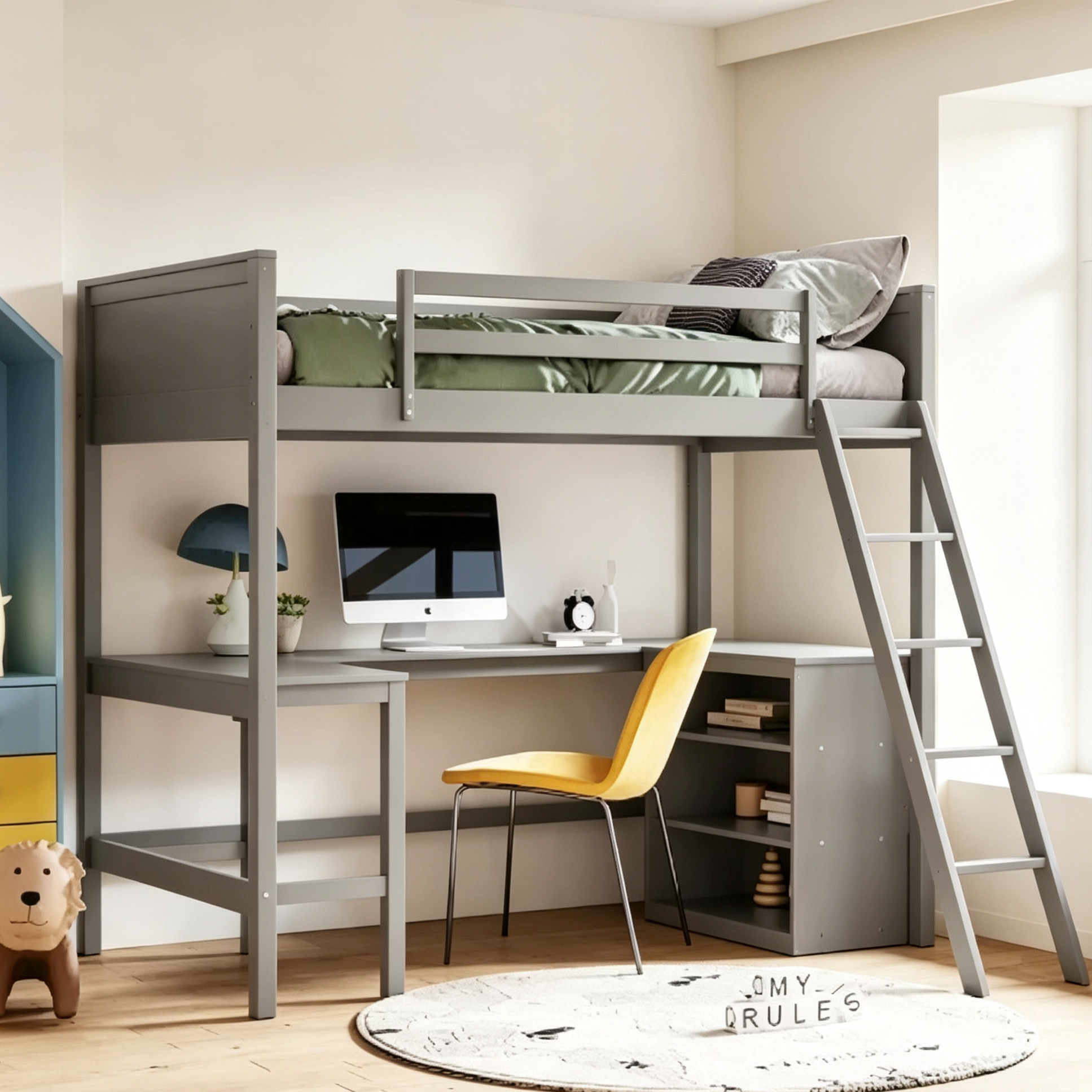 Twin Size Loft Bed with Shelves & Desk - Solid Pine, Gray
