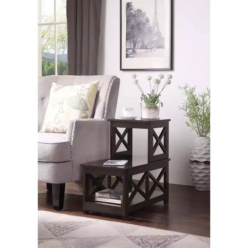 2-Step Chairside End Table with L-Shaped Frame and X Side Panels, 3-Tier Storage Accent Side Table