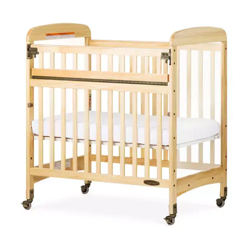 Wooden Compact Portable Crib with 2 Locking Wheels, Fits Through Doorways, Natural