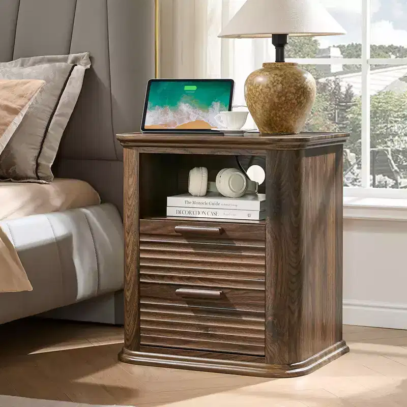 JVNOXK 22-inch Modern Bedside Table with Curved Charging Station, Featuring 2 Drawers and Open Storage Space, Suitable for Bedrooms, Walnut