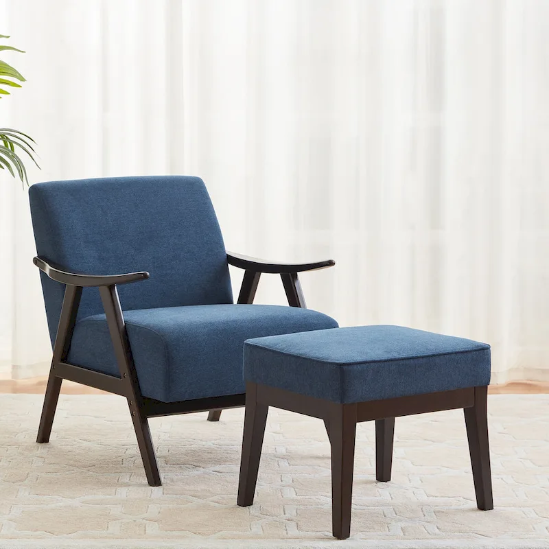 Mid Century 27.7 Upholstered Arm Chair with Solid Wood Frame and Ottoman