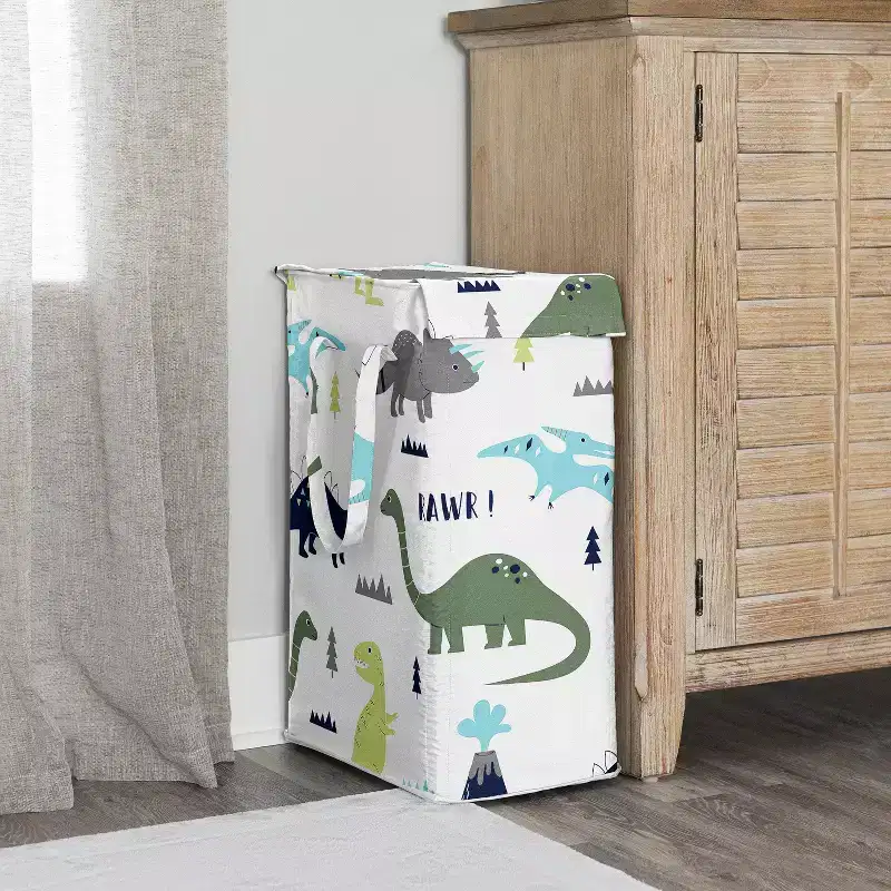 Boy Foldable Laundry Hamper with Handles Mod Dinosaur Blue and Green