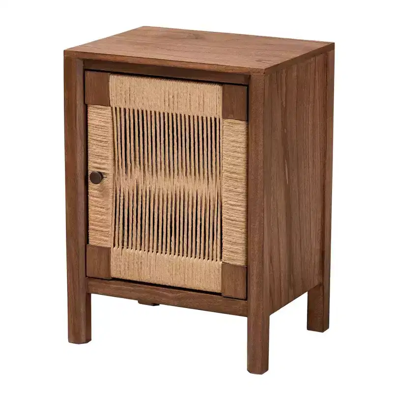 GDFStudio Satoshi Bohemian Wooden Nightstand with Shelf and Rope Webbing Door