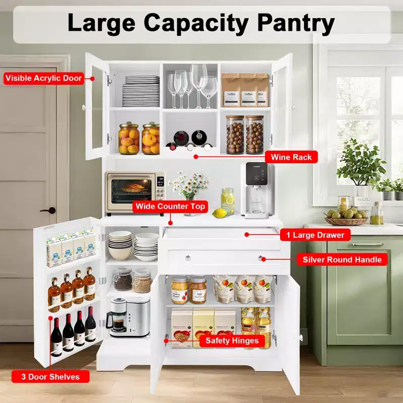 68 Inch Tall Kitchen Pantry Cabinet, Modern White Stand with Doors, Wine Racks, Door Shelves, Drawer Storage for Dining Room Living Room