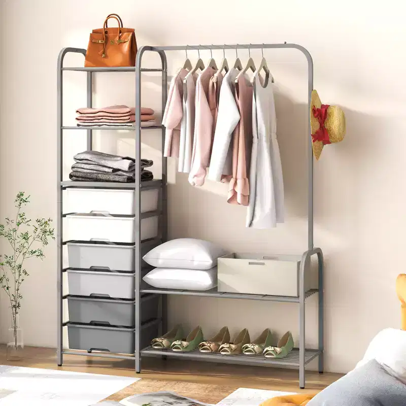 Heavy Duty Clothes Rack with 6 Removable Drawers 3-Tier Open Shelves & 2-Tier Metal Shoe Rack Side Hook Adjustable Feet