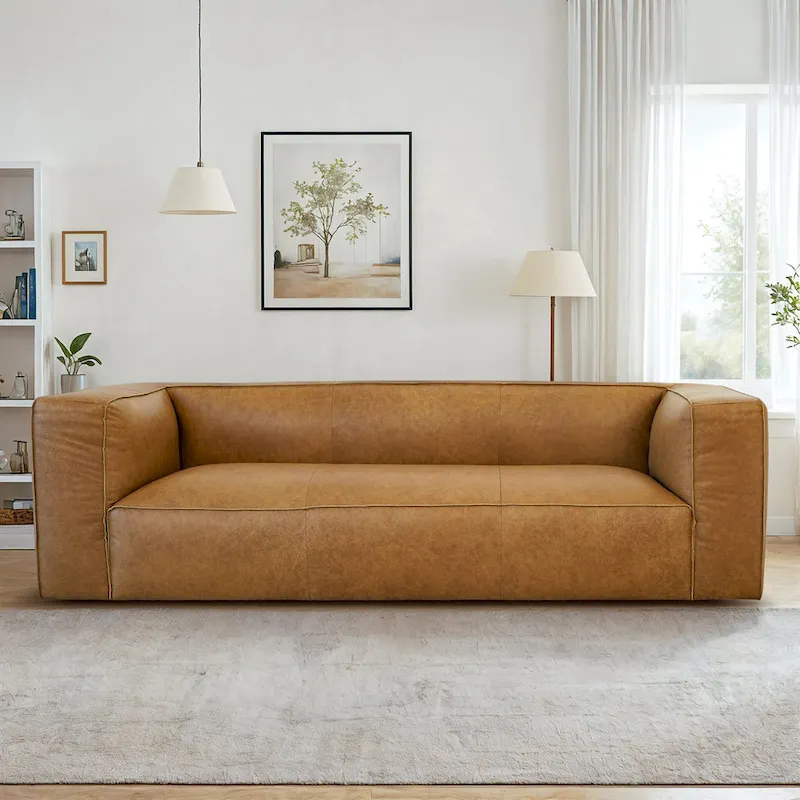 Empire Mid Century Modern Living Room Top Leather Couch in Tan
