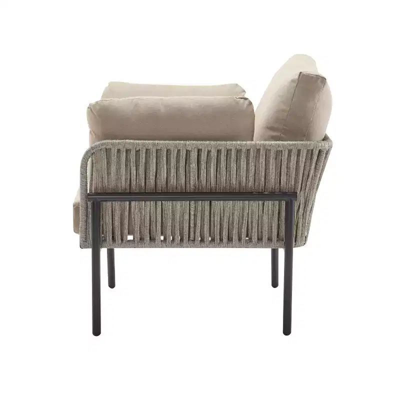 36W Patio Accent Chair Lounge Chair Arm Chair with Cushions, Pillows and Stylish Rope-Weave Design, Iron, Beige+Grey/Natural-ModernLuxe
