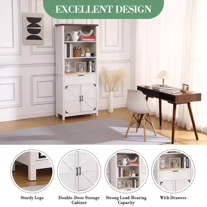 Brown 6-Tier Bookshelf with Drawer, Adjustable Shelves