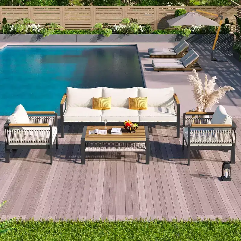 4-Piece Outdoor Sectional Sofa Set, 5-Person Patio Conversation Set with Cushions & Coffee Table - ModernLuxe