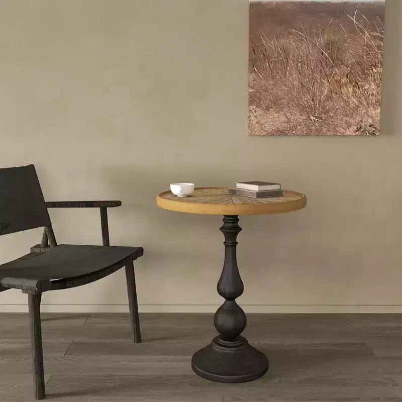 French Country Round Accent Side Table, Wooden Pedestal End Table for Living Room or Bedroom