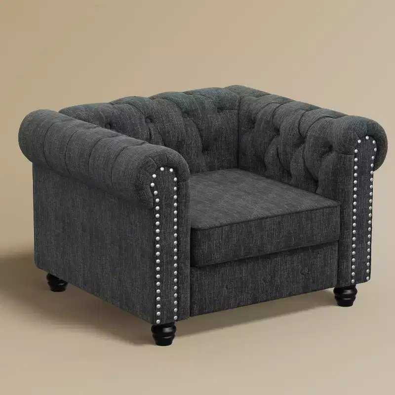 Gray Linen Chesterfield Chair for Living Room-Morden Fort