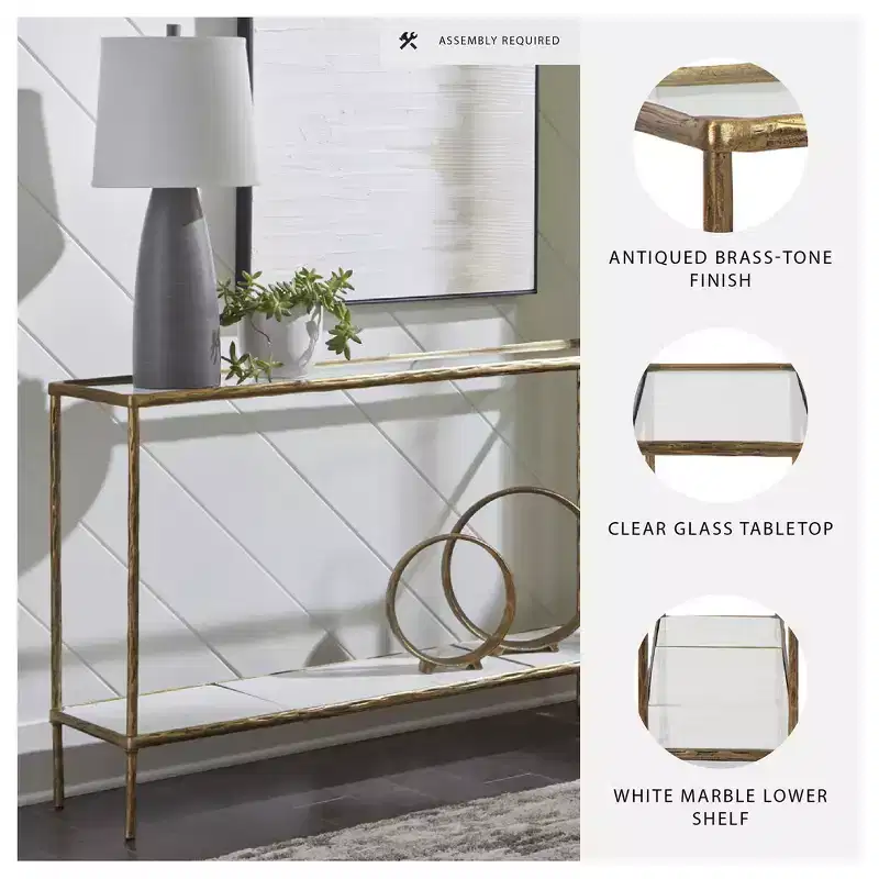 Signature Design by Ashley Ryandale Console Sofa Table, Antique Brass Finish with Glass Top & Marble Shelf
