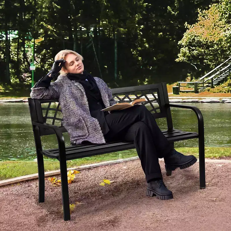 46-Inch Metal Garden Bench with Backrest and Armrests, 480 LBS Capacity