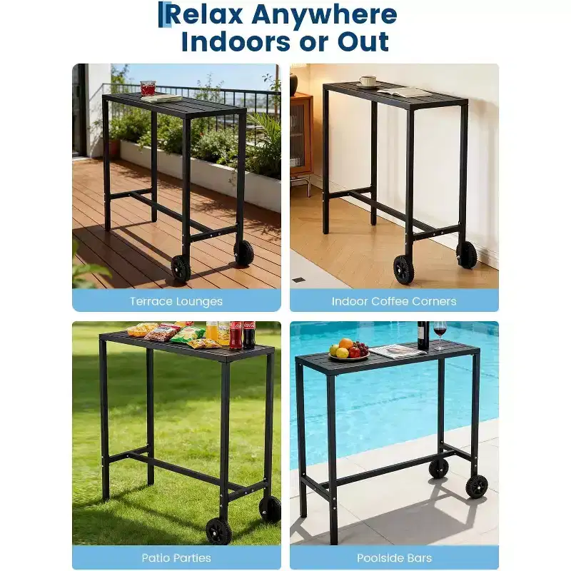 39 Outdoor Rolling Bar Table with Wheels & Adjustable Feet, Counter-Height Metal Table for Patio, Balcony, Yard & Indoor Use, Black