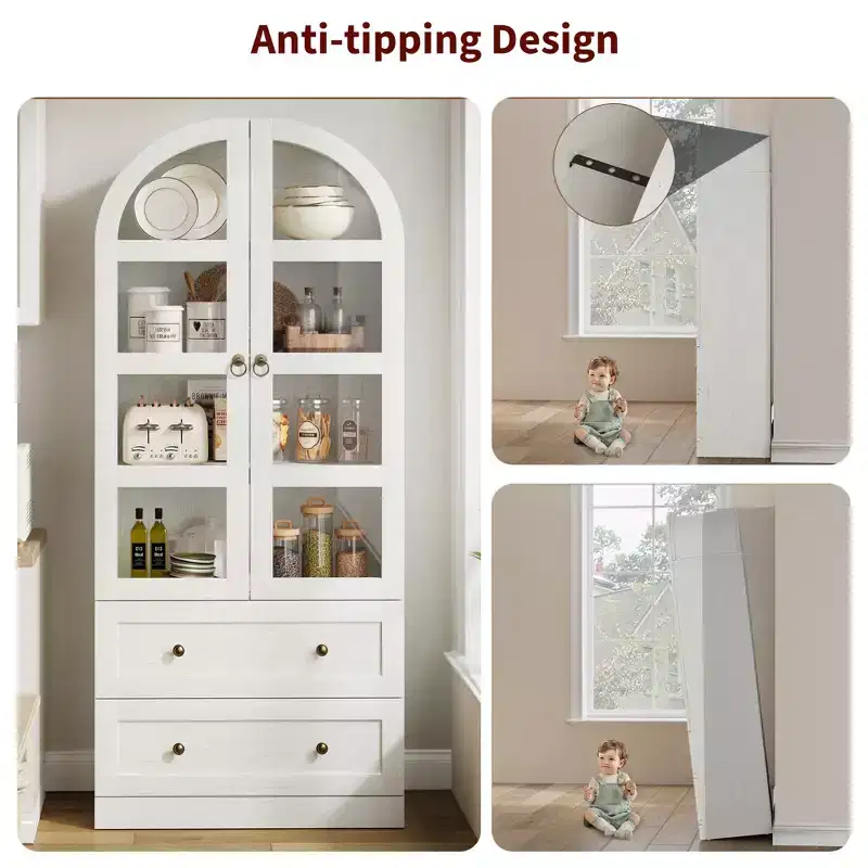 Tall Farmhouse Kitchen Pantry Cabinet with Arched Door & 2 Large Drawers, Easy Assembly