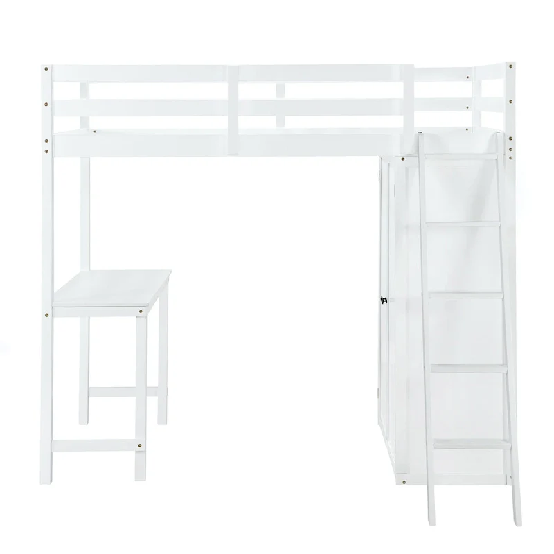 Solid Pine Loft Bed with Wardrobe, Desk, Shelves, and Guardrail