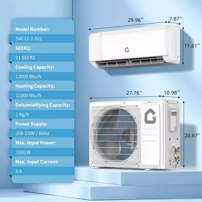 12000 BTU Wifi Mini Split AC, 21 SEER2 208-230V Inverter Ductless Wall AC w/WiFi & Alexa Compatible